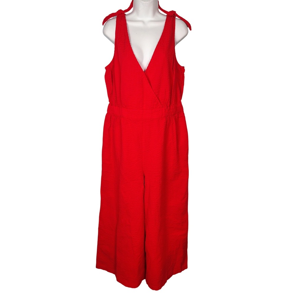 Level Eight Red Seersucker Tie Shoulder‎ Wide Leg Jumpsuit Womens Large Cotton